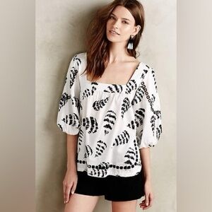 Anthropologie La Vi Penna Peasant Feather Print Blouse Medium